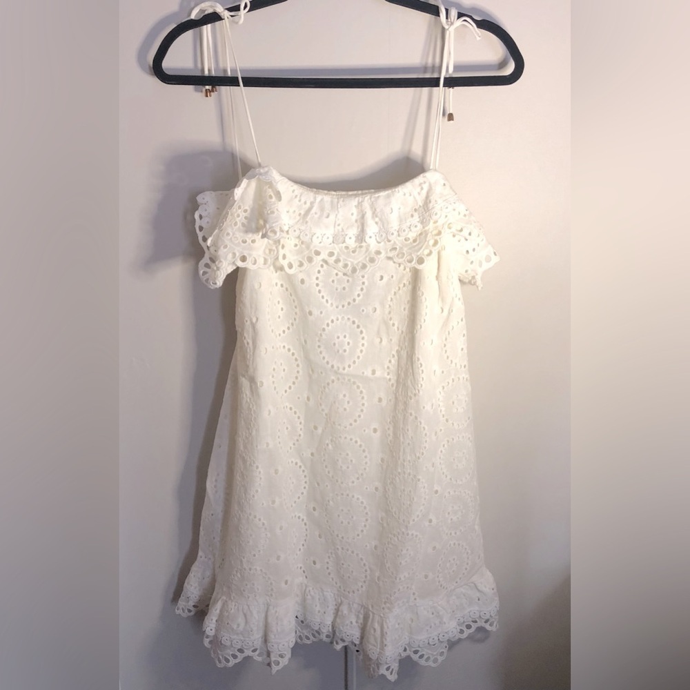 White Eyelet Off Shoulder Mini Dress